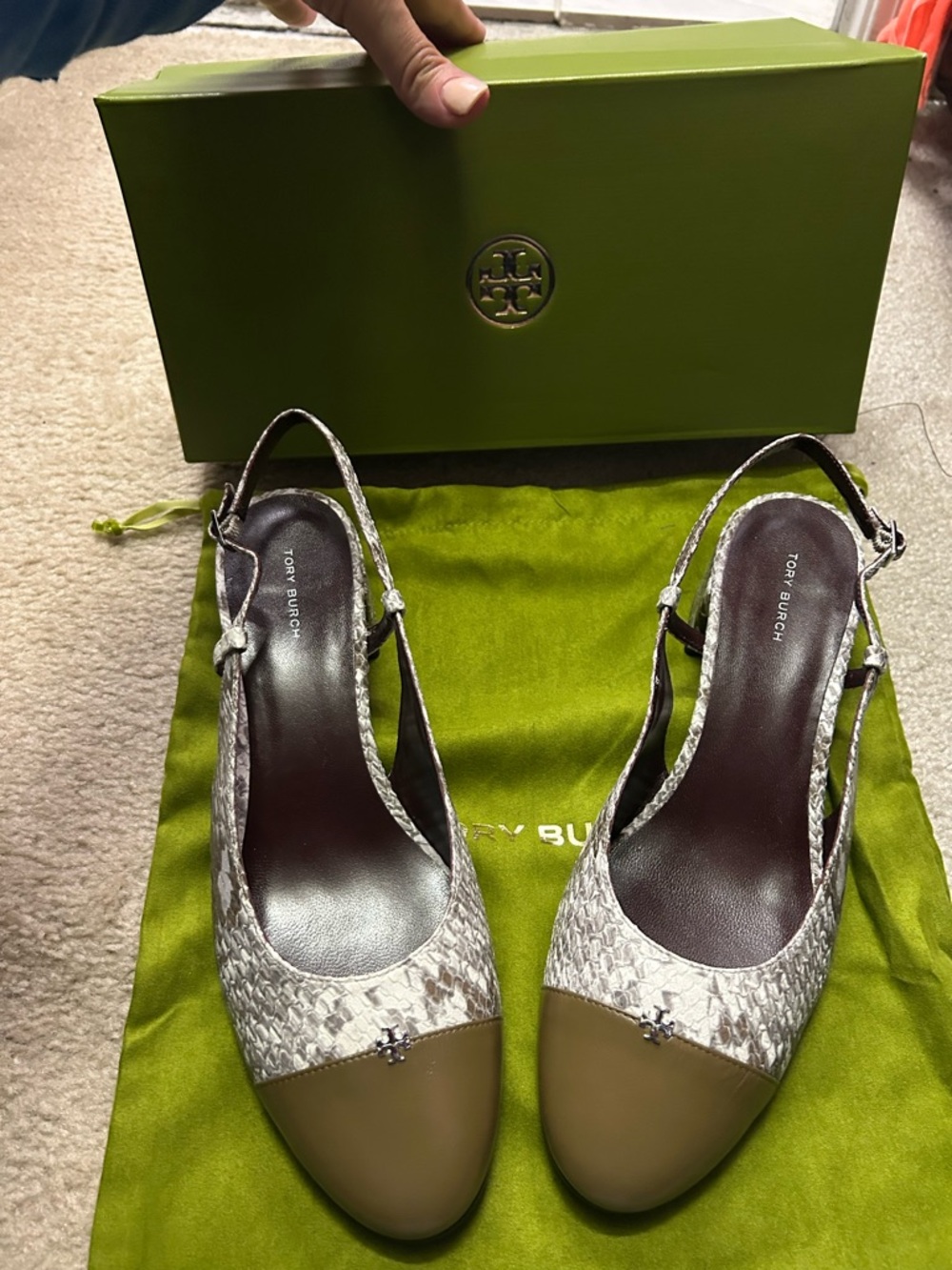 NWT AUTHENTIC TORY BURCH cap-toe sling back in snake leather.